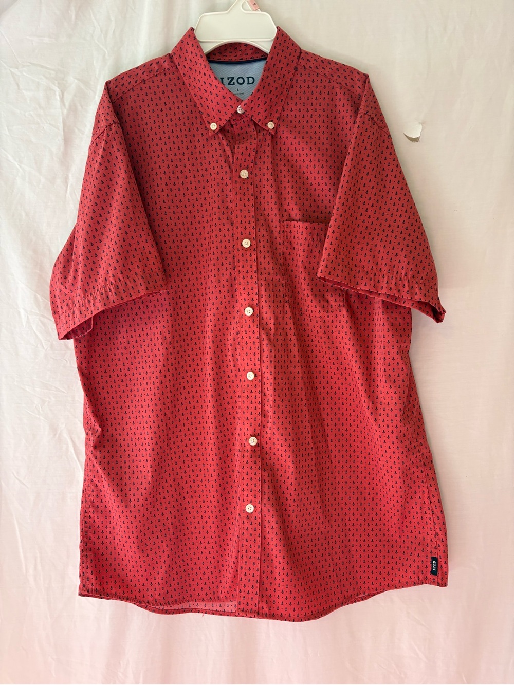 Izod Coral Short-Sleeve Button-Down Shirt with Blue Micro Print